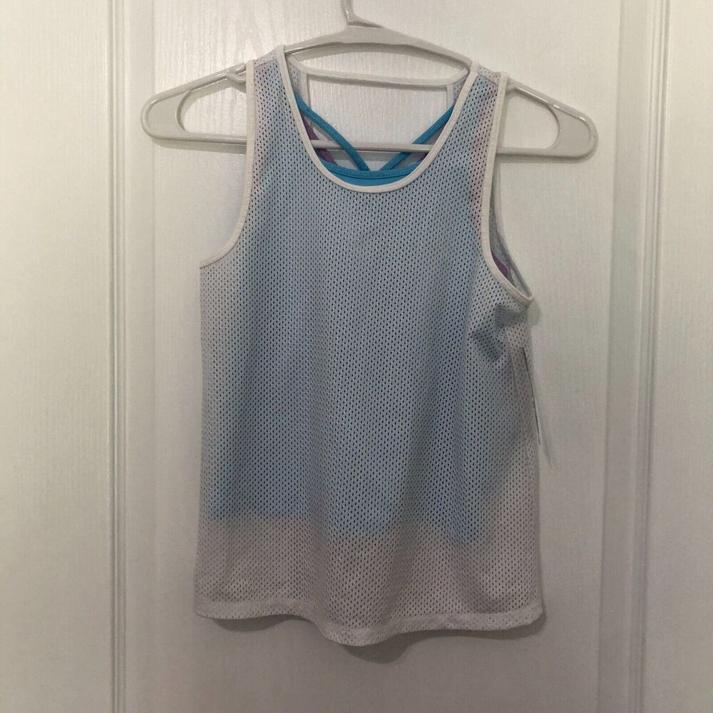 ID Ideology Kids Tank Top Small Bright White Blue Mesh Sleeveless Activewear NWT